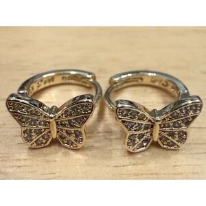 18K Triple Plated Gold Pave Butterfly‎ Huggies Leverback Pierced Earrings NEW